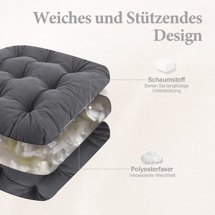 2er Set Stuhlkissen, 40x40x7 cm, Anthrazit – Bequeme Sitzkissen aus Cordstoff und Kristallsamt mit B
