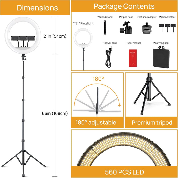 21 Zoll/53cm Ringlicht gross mit Stativ | CRI 95+ Ringleuchte mit Stativ 7000LM, Ringlicht fur YouTu