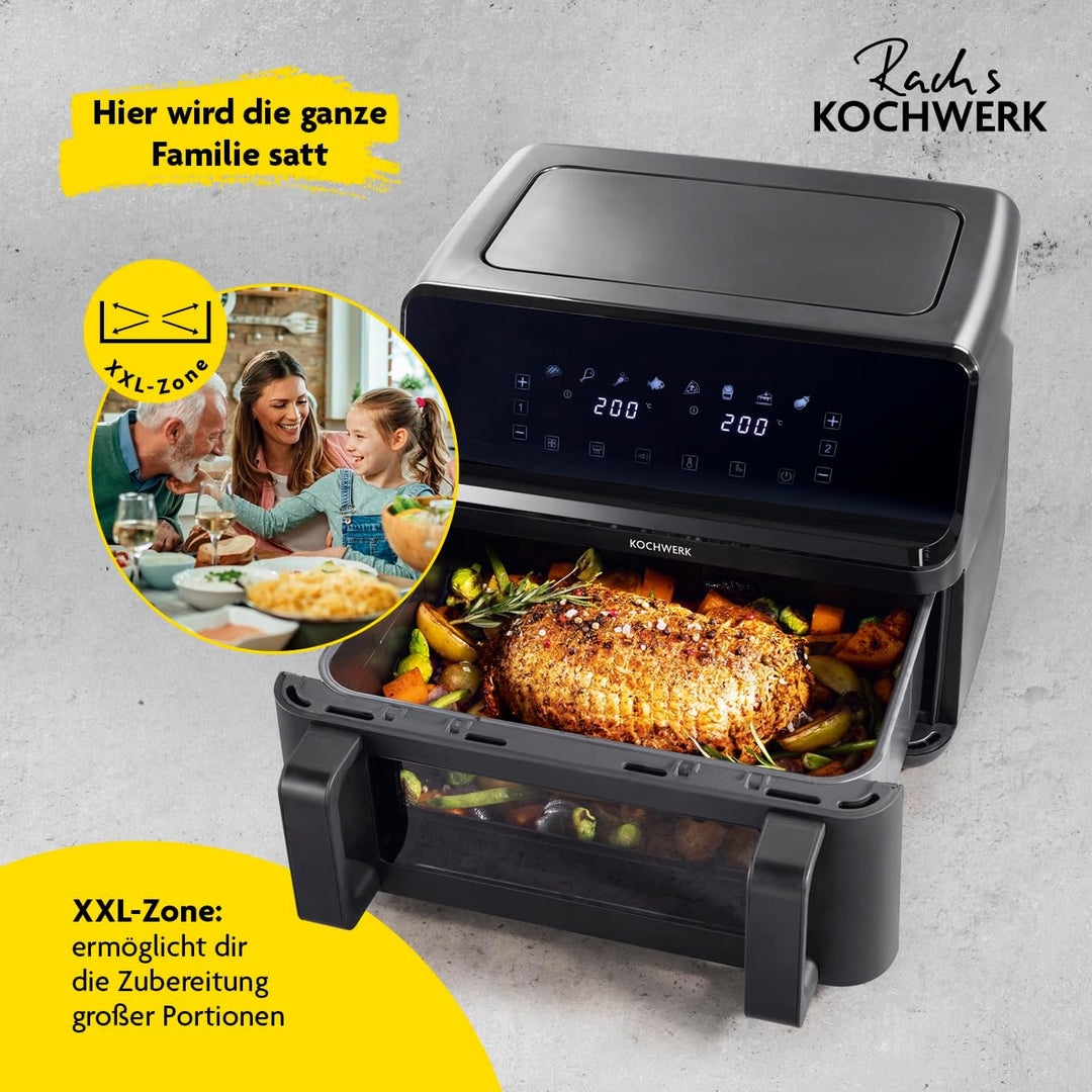 Rachs KOCHWERK Vario-Doppelkammer Heissluftfritteuse 9 L | Airfryer mit teilbarer Kammer, Touchscree