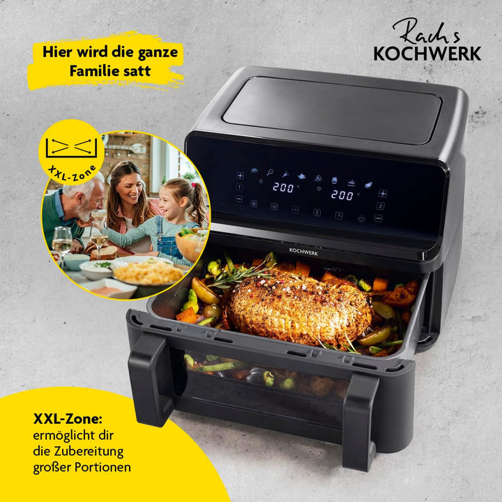 Rachs KOCHWERK Vario-Doppelkammer Heissluftfritteuse 9 L | Airfryer mit teilbarer Kammer, Touchscree