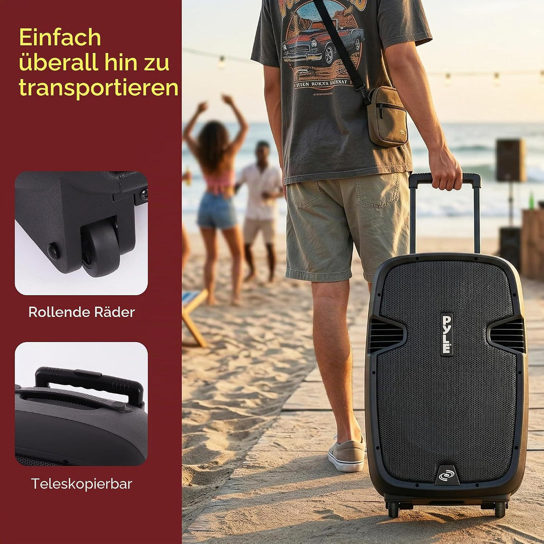 Pyle Partybox, Bluetooth Lautsprecher Gross- Trag & Rollbar, Musikbox mit 2 Mikrofone & Fernbedienun