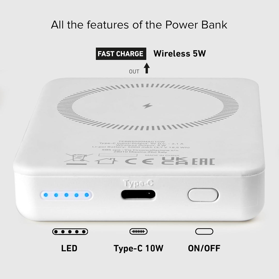 SBS Powerbank Akku-Pack 5000 mAh, kompatibel mit MagSafe, kabelloses Laden, USB-C-Anschluss, Status-