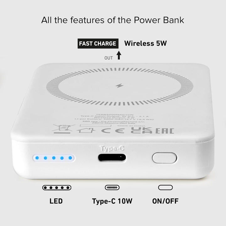 SBS Powerbank Akku-Pack 5000 mAh, kompatibel mit MagSafe, kabelloses Laden, USB-C-Anschluss, Status-