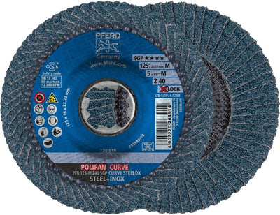 PFERD Fächerscheibe POLIFAN CURVE, 10 Stück, 125mmx11mm, Z40, X-LOCK (22,23 mm), SGP STEELOX, 676890