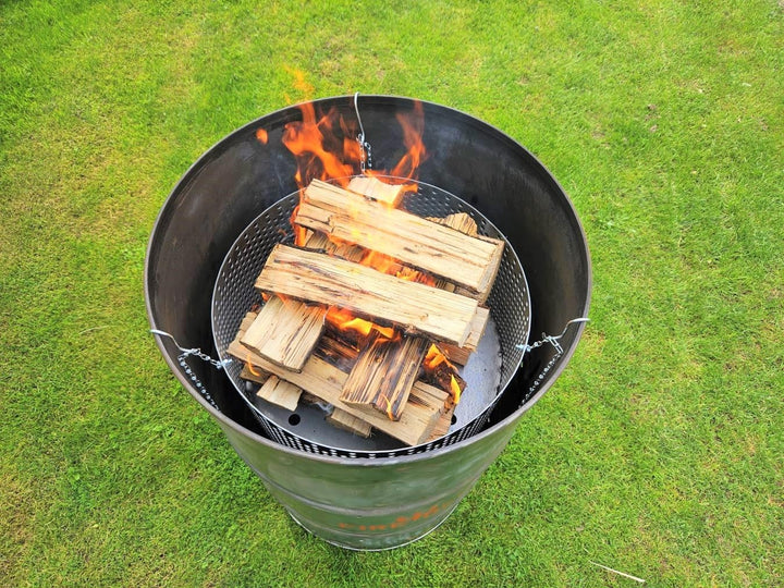 FireDeifi Grillplatte Feuerkorb | Feuerbox | Feuerstelle | Trommel | ⌀48 cm | Inklusive Ketten und H