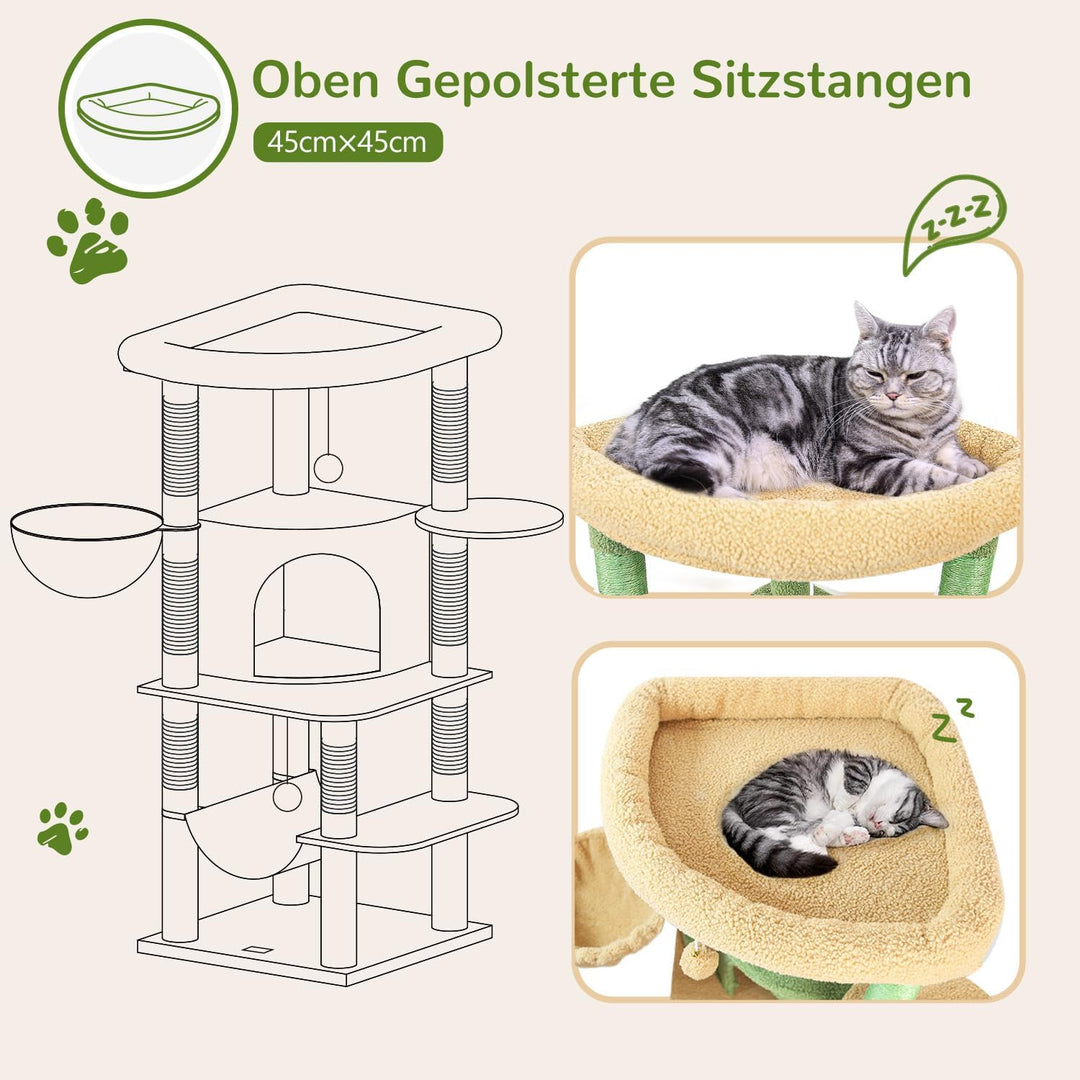 Globlazer Kratzbaum Ecke Kaktus Grün, Eckkratzbaum Stabil hoch 130 cm mit Gross Katzenhaus Sektor Ge