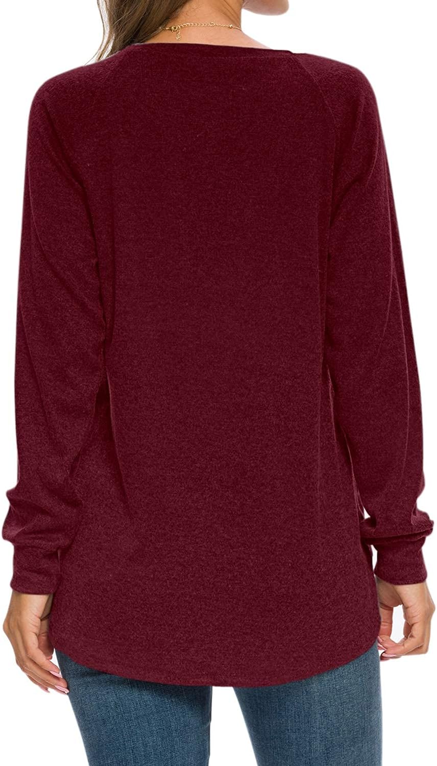 AUSELILY Damen Langarmshirts Rundhals T Shirts Blusen Tunika Sweatshirt Pullover Mit Taschen Burgund