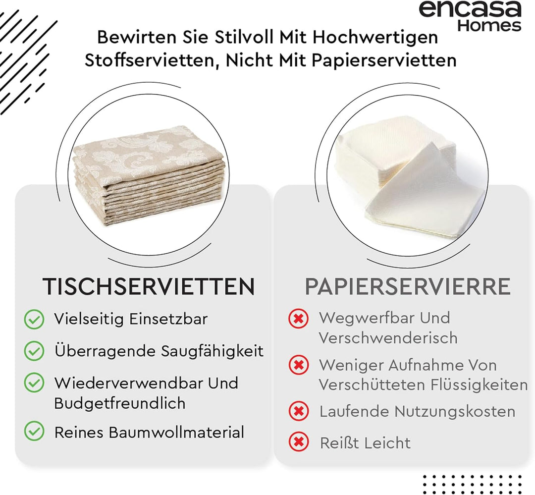 Encasa XO Esstisch Servietten Set von 12 I Grösse 45x45 cm I Blumen Beige Jacquard -Stil Druck Auf H