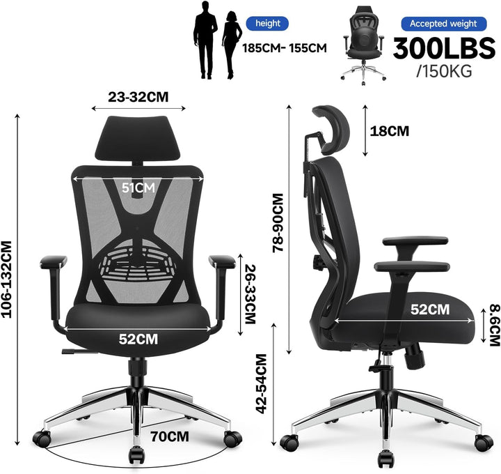 Ticova Bürostuhl Ergonomisch Schreibtischstuhl, Hoher Rücken Ergonomischer Stuhl mit Verstellbarer L