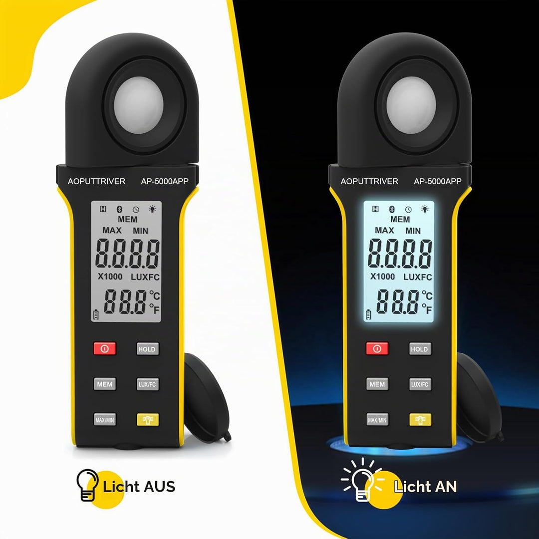 AP-5000APP Digital Luxmeter, Lichtmessgerät Messen 0,1~400.000 Lux Fusskerzen mit 270º Drehbarem Sen