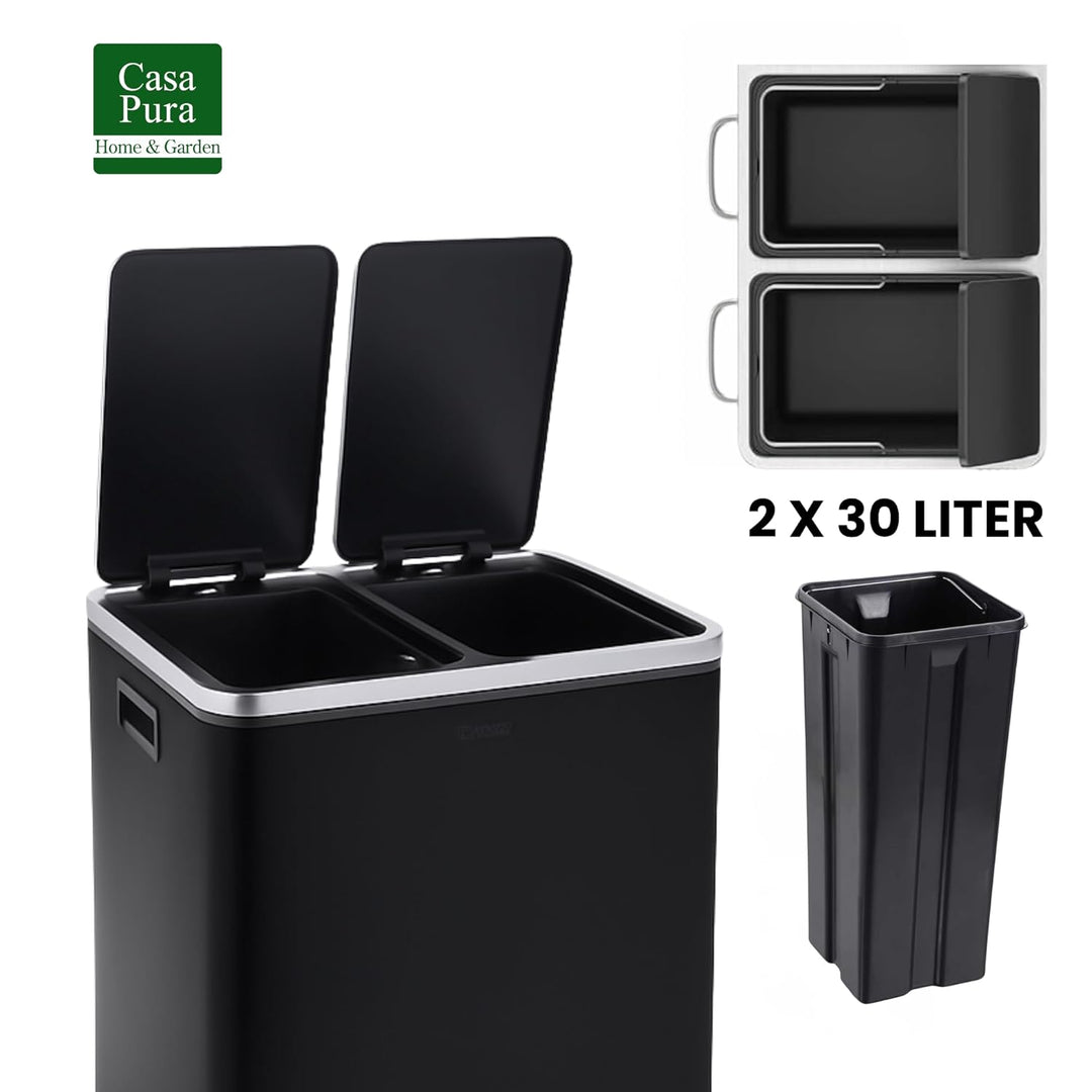 casa pura Mülleimer mit 2 Fächern - 2 x 30 Liter, herausnehmbare Inneneimer mit Henkel, Deckel mit S