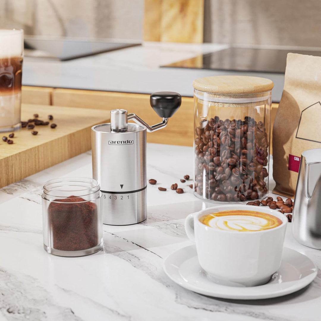 Arendo - Edelstahl Kaffeemühle manuell – Keramikmahlwerk – verstellbarer Mahlgrad 5 Stufen – Handmüh