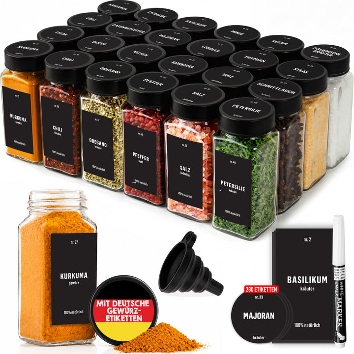 Deco haus® Gewürzgläser eckig luftdicht 24er Set [inkl. Etiketten & Streueinsatz] - Gewürzdosen Set