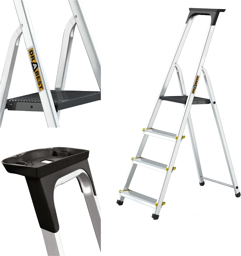 DRABEST Leiter PRO Serie Klapptrittleiter 4 Stufen Trittleiter Stehleiter Alu Haushaltsleiter Rutsch