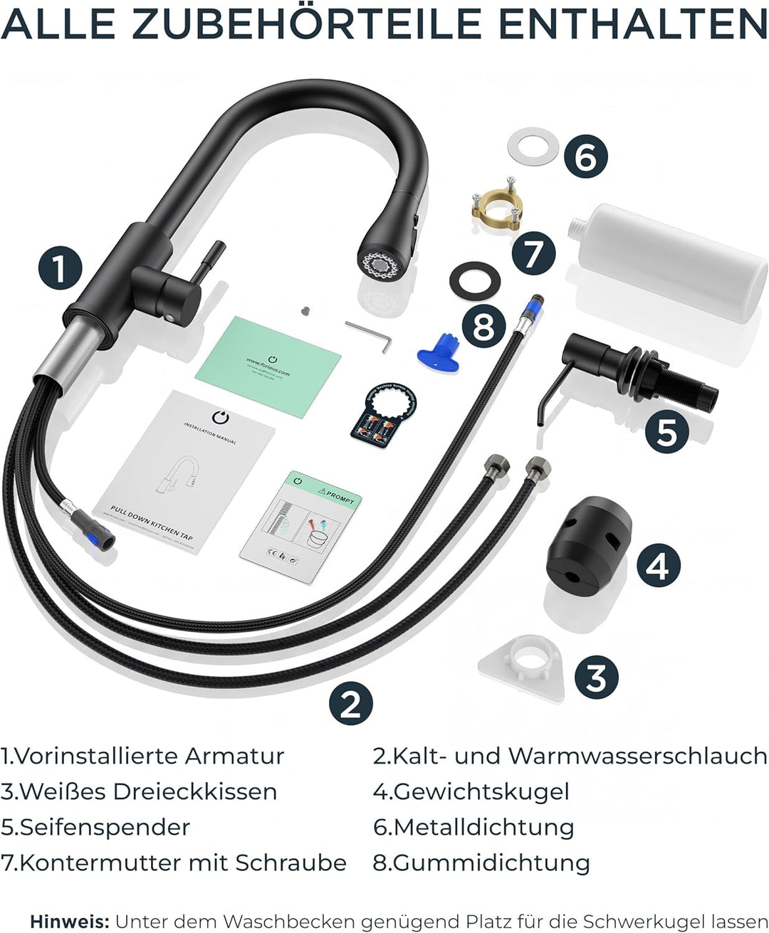 FORIOUS Küchenarmatur mit Seifenspender, ausziehbarer Wasserhahn Küche mit 2 Strahlarten, Einhebelmi