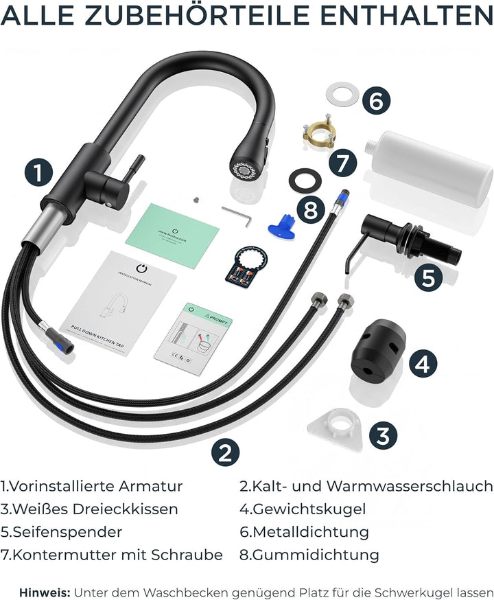 FORIOUS Küchenarmatur mit Seifenspender, ausziehbarer Wasserhahn Küche mit 2 Strahlarten, Einhebelmi