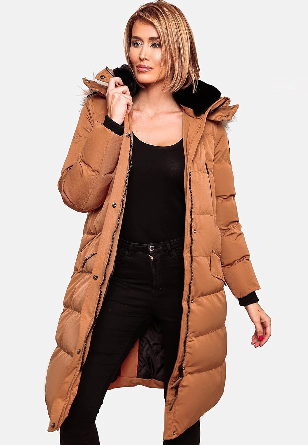 Navahoo Damen Wintermantel Warmer Steppmantel lang mit Abnehmbarer Kapuze Fahmiyaa XS-3XL S Rusty Ci
