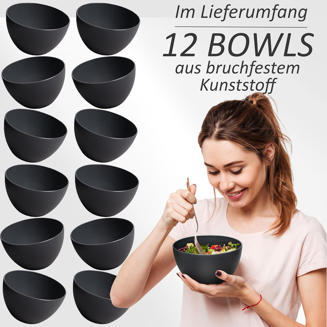 Hausfelder Müslischalen 12er Set, schwarze Schalen aus bruchsicherem Kunststoff, Suppenschalen, Dess