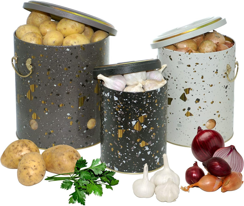 Lashuma Aufbewahrung Knoblauch schwarz, Kartoffelbehälter gross, Zwiebel Vorratsbehälter Blech 22 cm