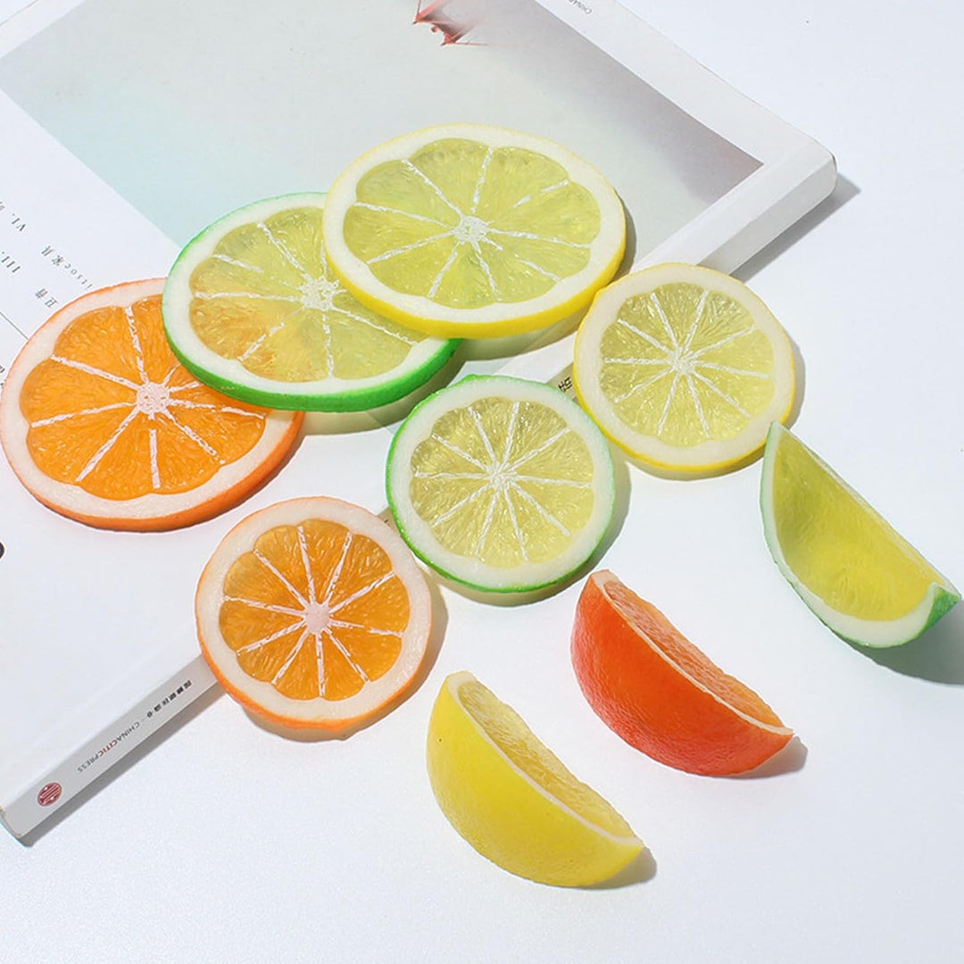 Xusxes 37 Stück Orangenscheiben Plastik, Künstliche Zitronenscheiben, Limetten Deko, Limetten Plasti