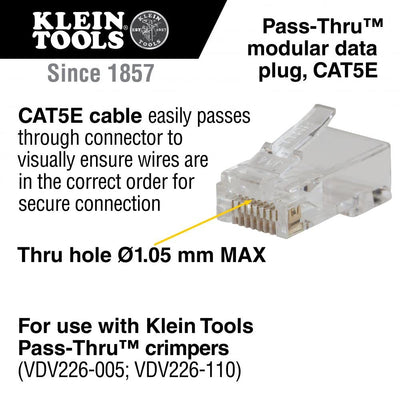 Klein Tools VDV826-702 Modularer Datenstecker, RJ45, CAT5E, Durchgangsstecker, 50 Stück, Klar/Gold,