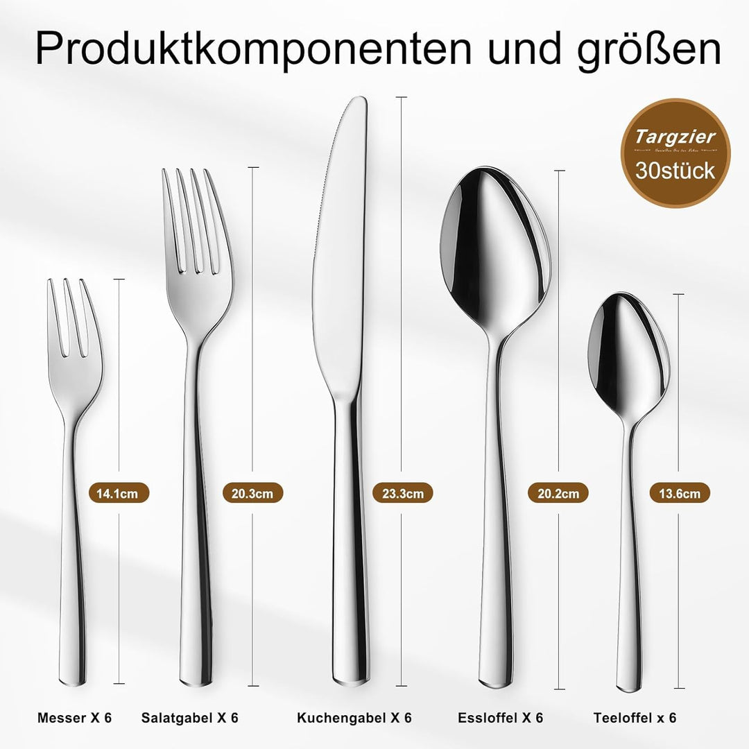 Besteck Set 6 Personen,30 teilig Edelstahl Besteck Set,Silber Cutlery Set, Elegantes Edelstahl mit M