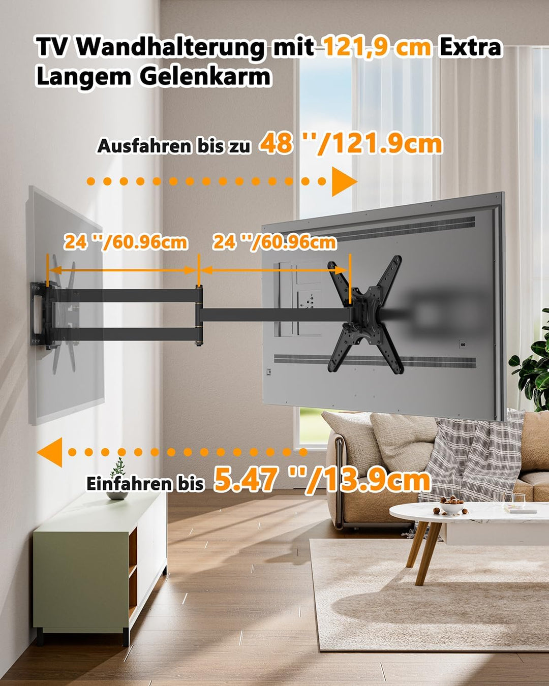 TV Wandhalterung mit 1219mm Langer Reichweite, 90° Drehbare Wandhalterung Fernseher Schwenkbar Neigb