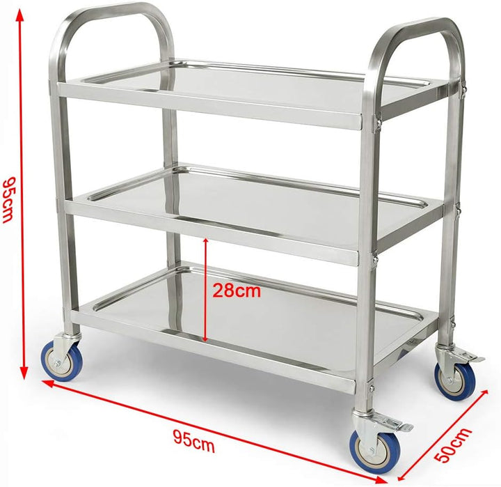 LANTUS Servierwagen mit Rollen, 3 Regale, Servierwagen mit Rollen, 95 x 55 x 95 cm, silberfarben, Ed