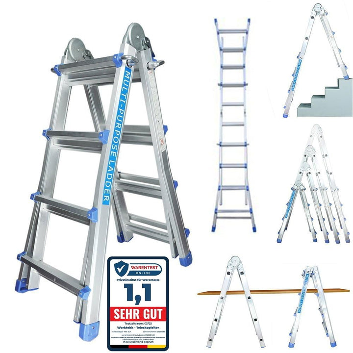 Worktekk® Profi 4/7/14 Teleskopleiter Leiter 14 Sprossen Aluleiter Mehrzweckleiter Klappleiter Bockl