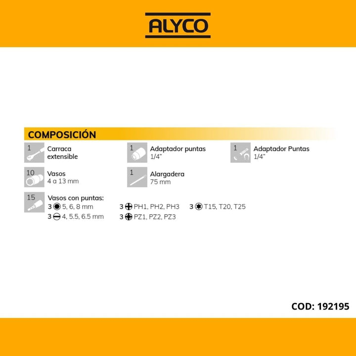 alyco 192195 Set 29 Stück Gläser 1/4 + + Adapter + Antrieb Verlängerbarer Umschaltknarre Bits in Kun
