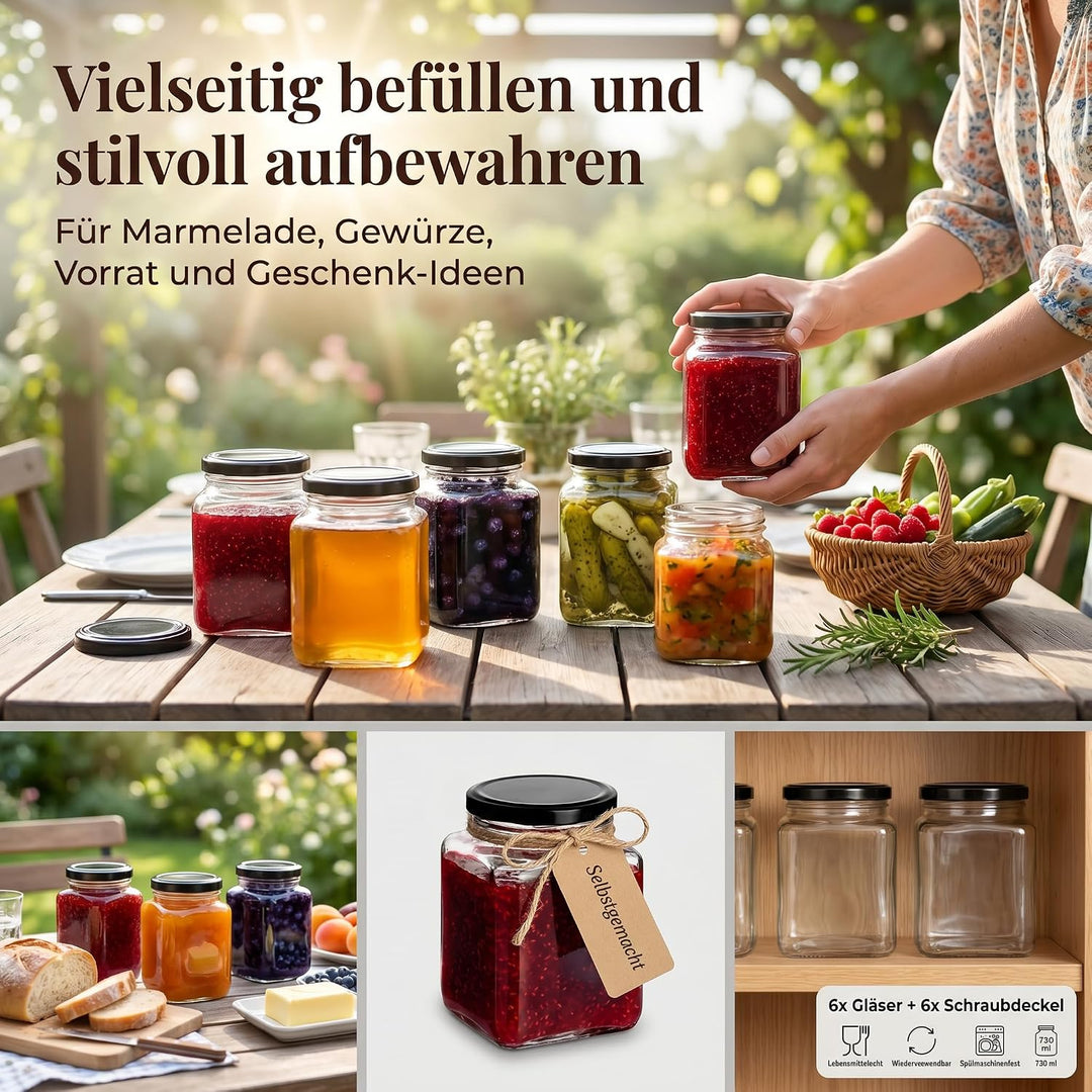 gouveo 6er Set Einmachgläser 730 ml eckig mit Schraub-Deckel schwarz - Grosse Vorratsgläser mit Dreh
