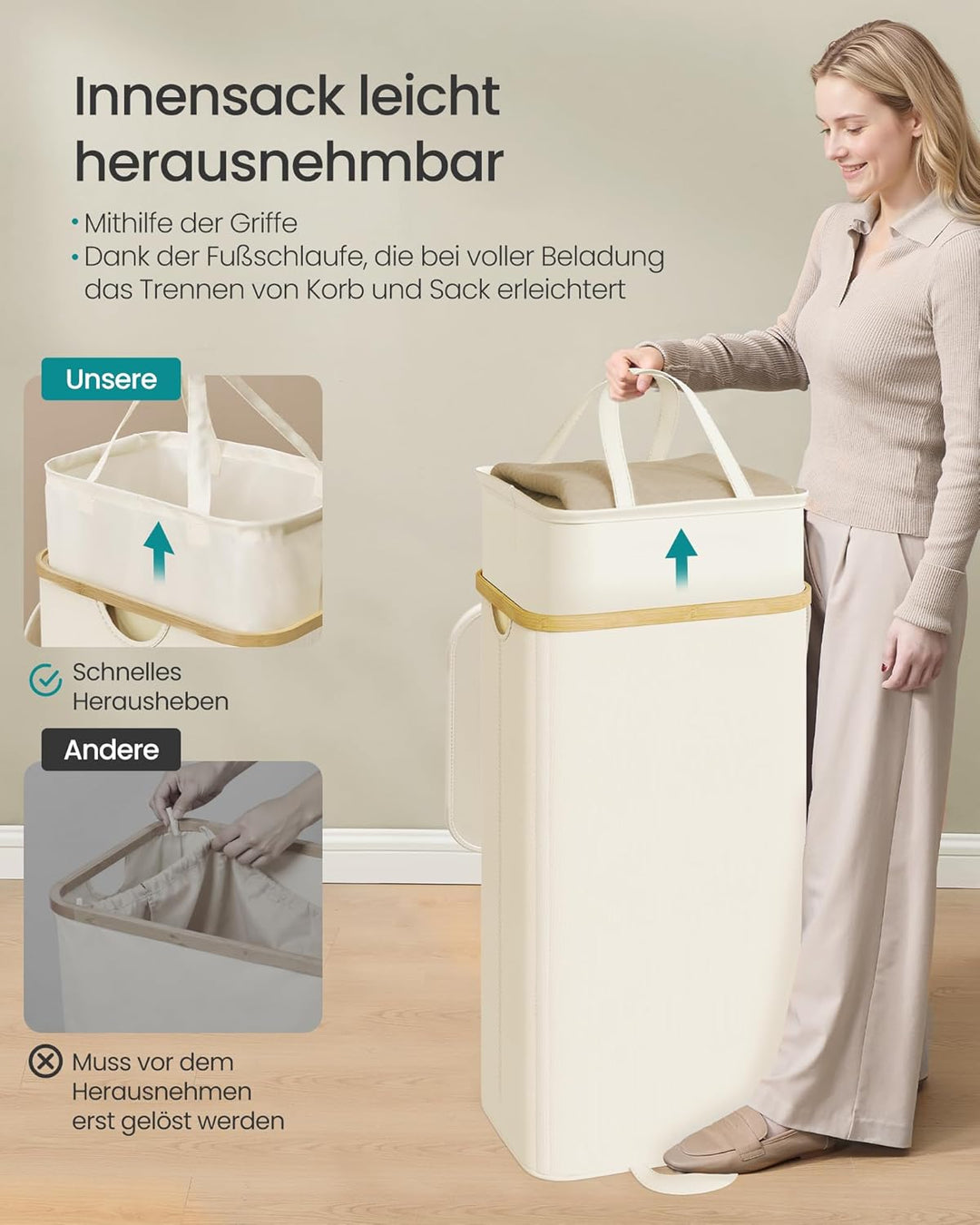 SONGMICS Wäschekorb mit Deckel, Wäschesammler, Wäschetruhe, Wäschetonne, Wäschesack herausnehmbar, B