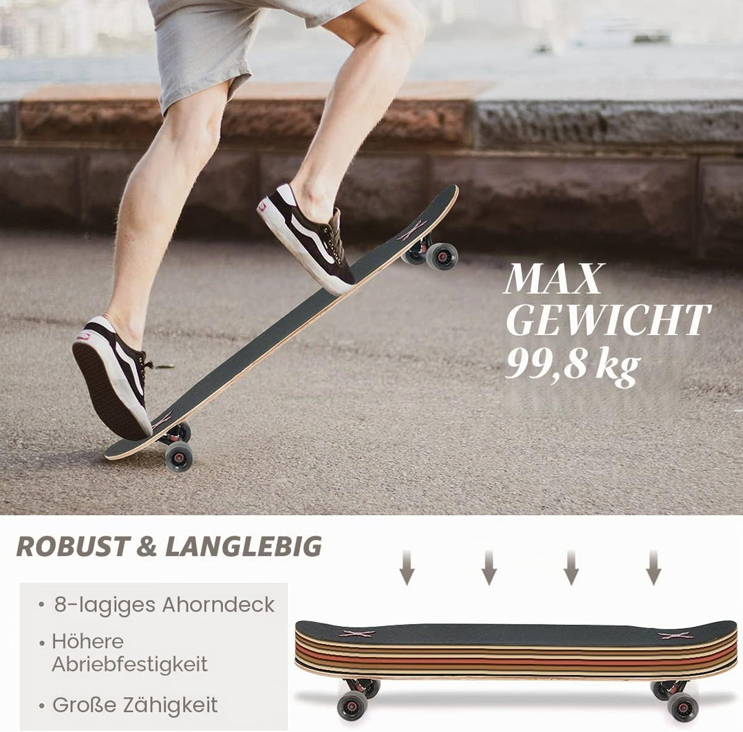 Opurtdor Longboard 118CM Pro Skateboard, Cruiser Trick Skateboard, Komplettes 8 Etagen Ahornholz, Sc