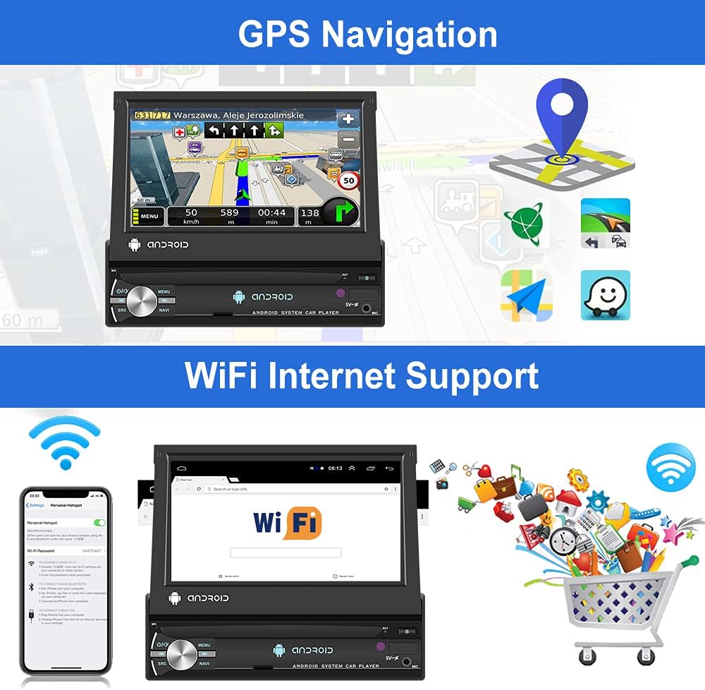 Podofo Autoradio 1 Din mit GPS Navi, Bluetooth RDS, 7 Zoll Bildschirm Ausfahrbarem Manuelle Android