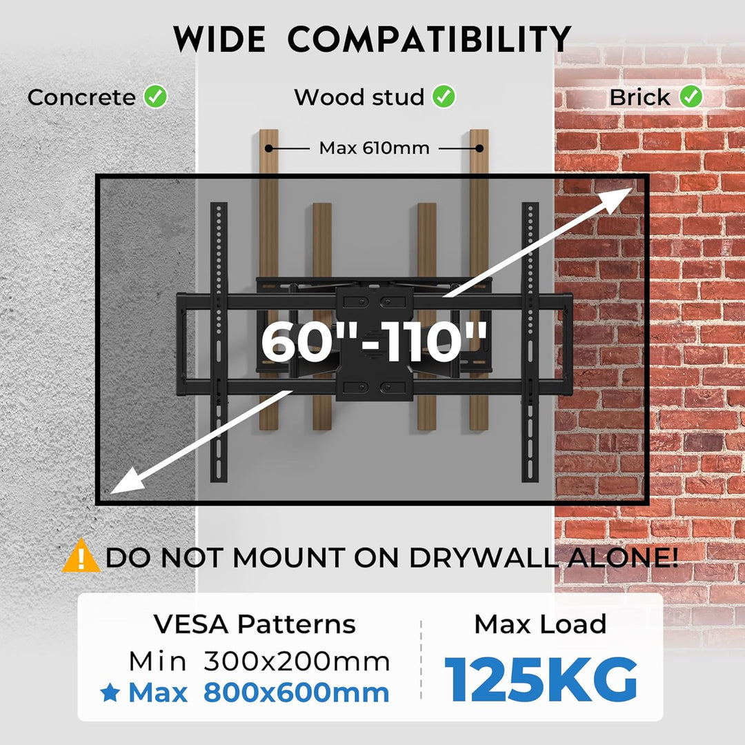 BONTEC TV Wandhalterung für 60–110 Zoll Fernseher bis 125 kg, Doppelarm mit 1016 mm Auszug, neigbar