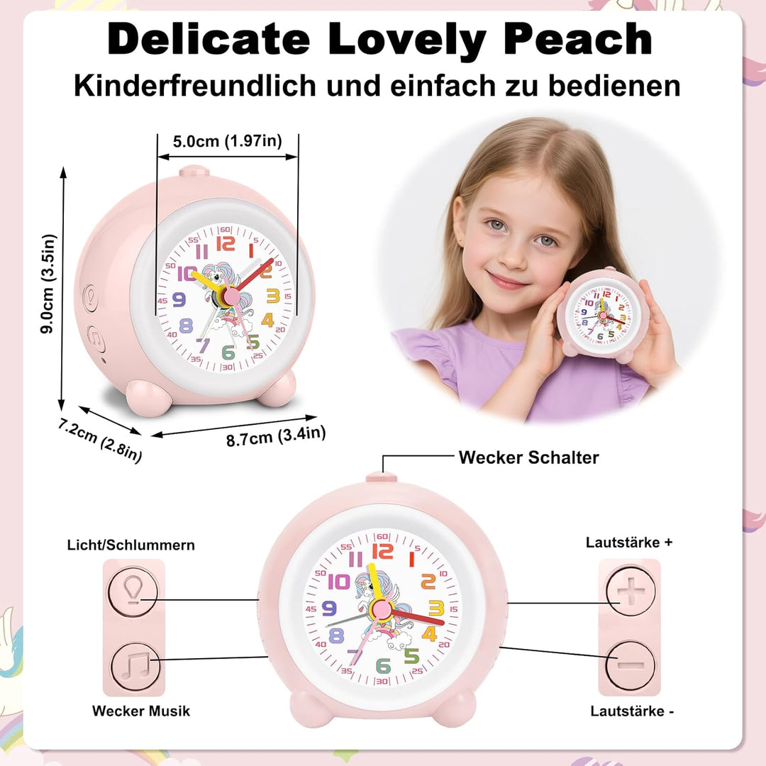 SOCICO Analoger Kinder Wecker Mädchen, Einhorn Design, Lautlos, Ohne Ticken Niedlicher Pfirsich Weck