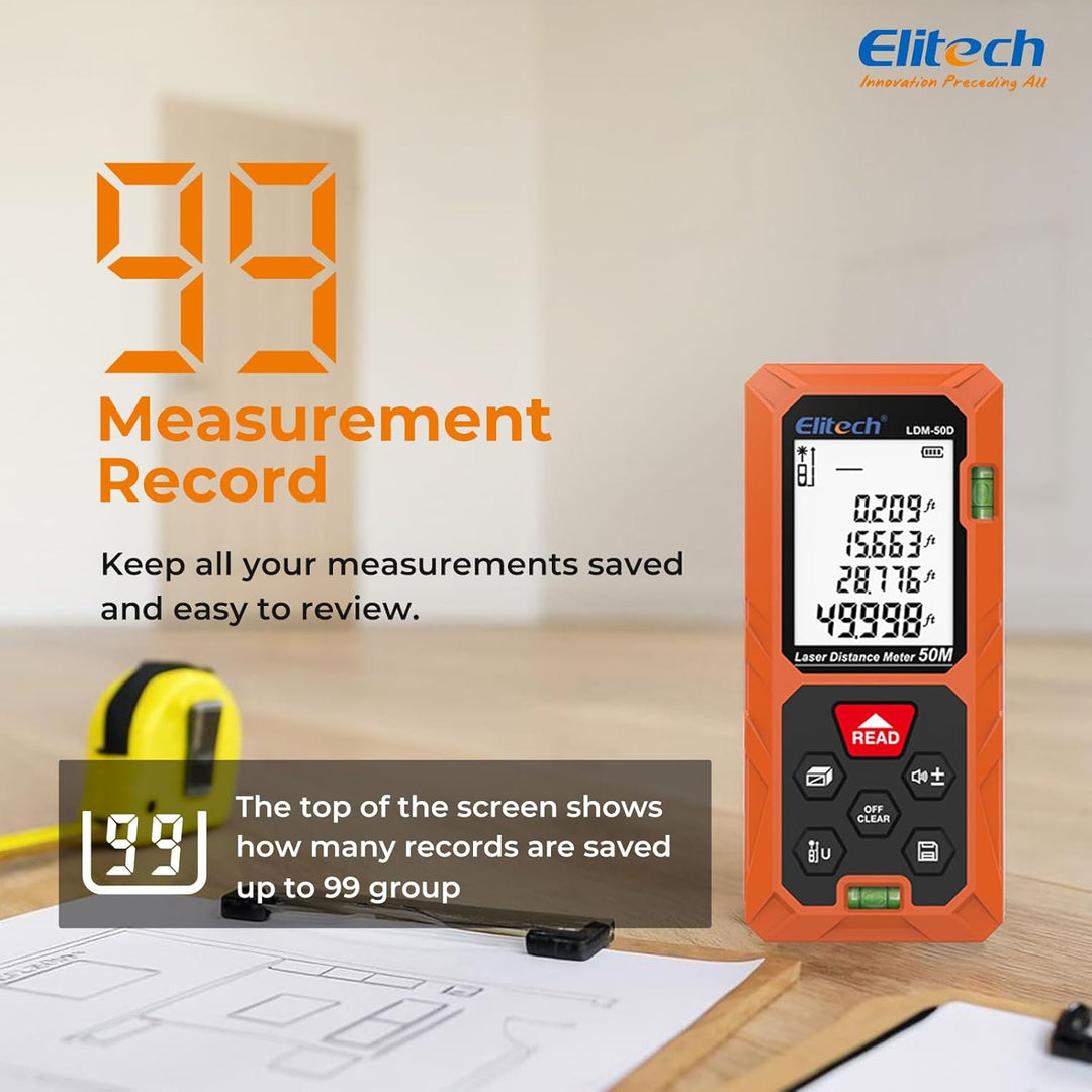 Elitech LDM-50-Series Laser Entfernungsmesser 50m Reichweite, ±2mm Genauigkeit, Flächen-/Volumen-/Py