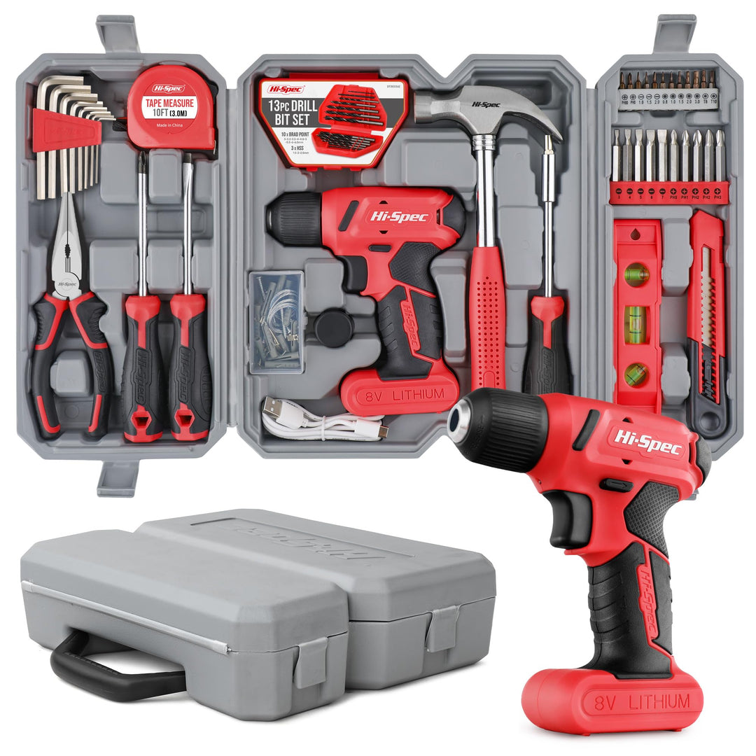 Hi-Spec 58 tlg. Werkzeugset in Rot mit 8V USB Bohrmaschine mit Akku. Werkzeugkoffer gefüllt für Haus