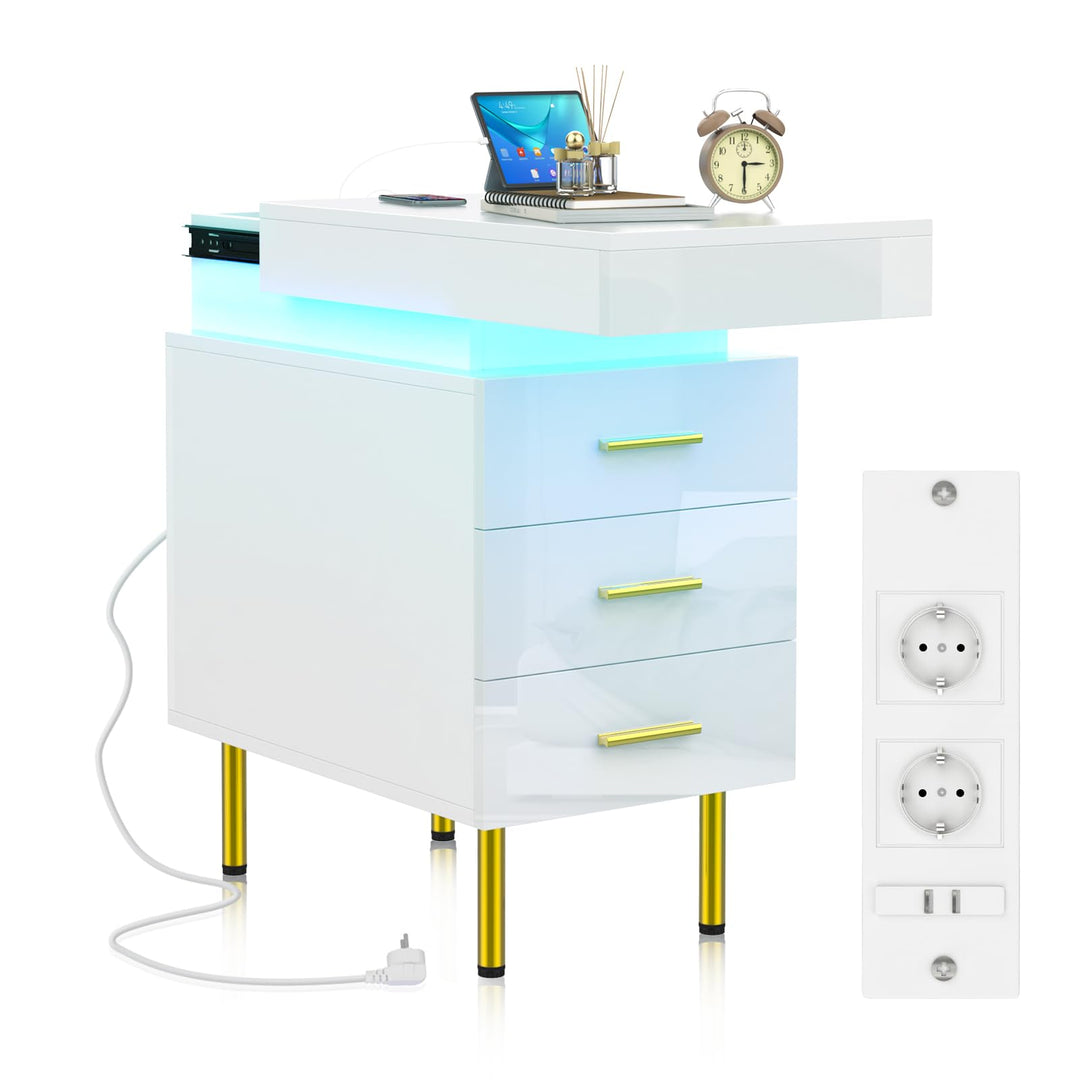 PIPIPOXER Nachttisch mit LED, Nachttisch mit Steckdose & USB, Nachtkommode mit 3 Schubladen Nachschr