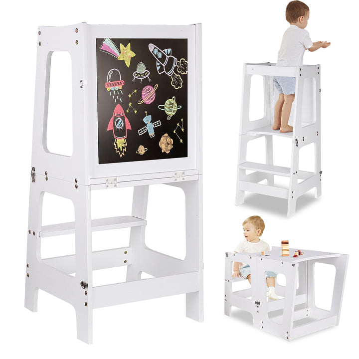 Lernturm ab 1 Jahr, Klappbarer Learning Tower mit Tafel &amp; Stifte-Set | 3 in 1 Learning Tower für Kin