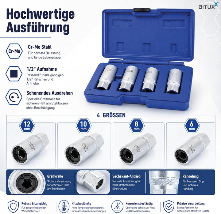Bituxx 4 tlg. Stehbolzenausdreher Ausdreh Satz 1/2" Set 6-12mm