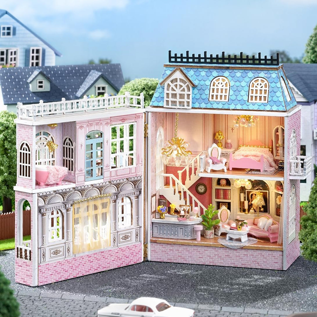 CUTEROOM Miniatur Haus, DIY Puppenhaus Set aus Holz, Mini Hausbau-Set mit Möbeln und LED Licht, Gebu