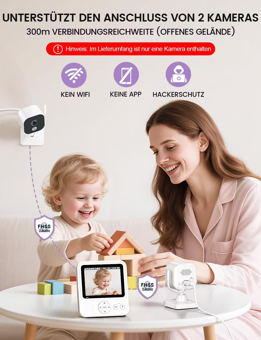 OBVHNUA Babyphone mit Kamera 720P IPS Video Babyphone ohne WLAN mit 2000mAh Akku Digitale Zoomfunkti