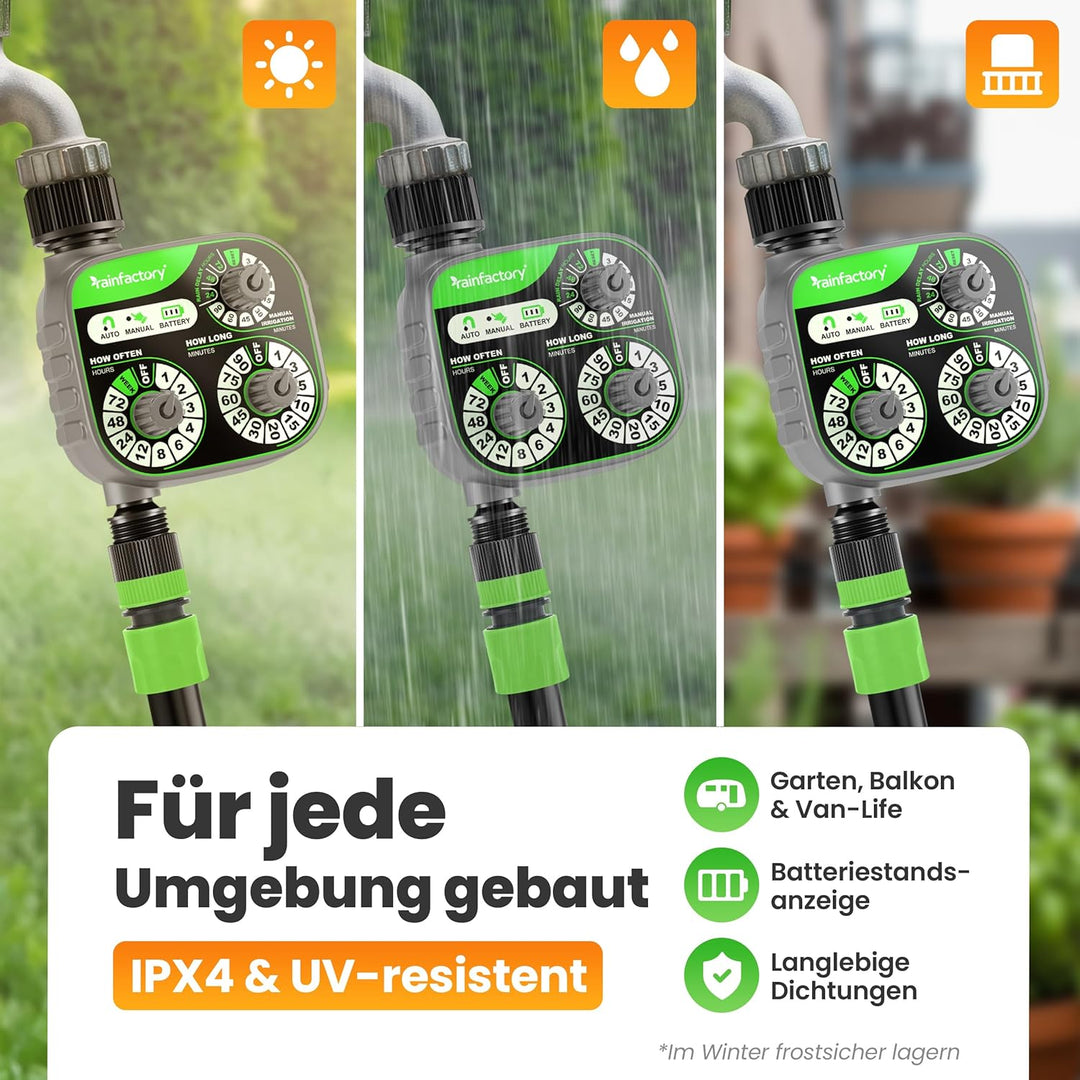 rainfactory Bewässerungscomputer - intuitive 3-Regler Wasserzeitschaltuhr für automatische & manuell