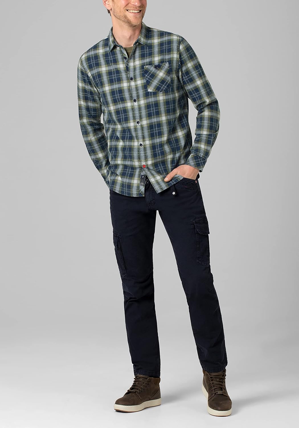 Timezone Herren Effect Weave Check Shirt Hemd S Ocher Navy, S Ocher Navy