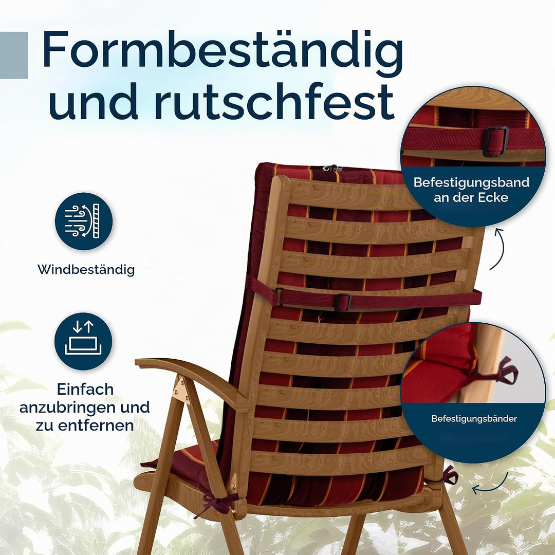 Beautissu 3er Set Premium Hochlehner Auflage Kopfpolster rutschfest robust | 120x50cm Rot gestreift