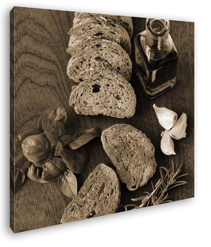 deyoli mediterranes Oliven Öl mit Brot Format: 70x70 Effekt: Sepia als Leinwandbild, Motiv fertig ge