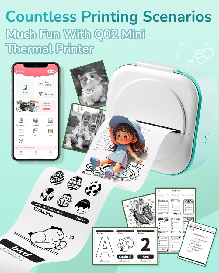 Q02 Mini Drucker- Bluetooth Fotodrucker für Smartphone, Thermodrucker für Lernen, Schulsachen Aesthe