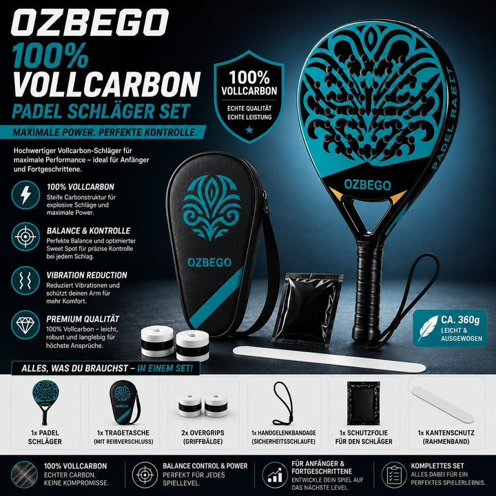 OZBEGO Padelschläger Set aus Vollcarbon inkl. Tasche, 2 Overgrips, Handgelenkband &amp; Schutzfolie – Le
