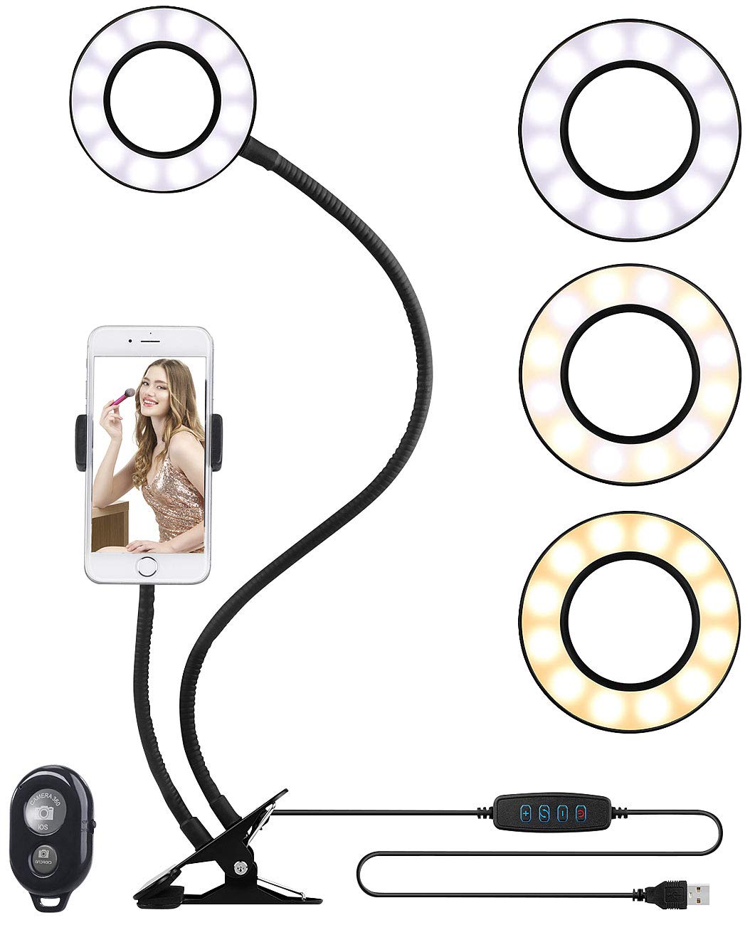 Somikon Foto Licht: USB-Ringlicht mit Smartphone-Halter & Fernauslöser, Ø 3,5" / 9 cm (LED Ringlicht